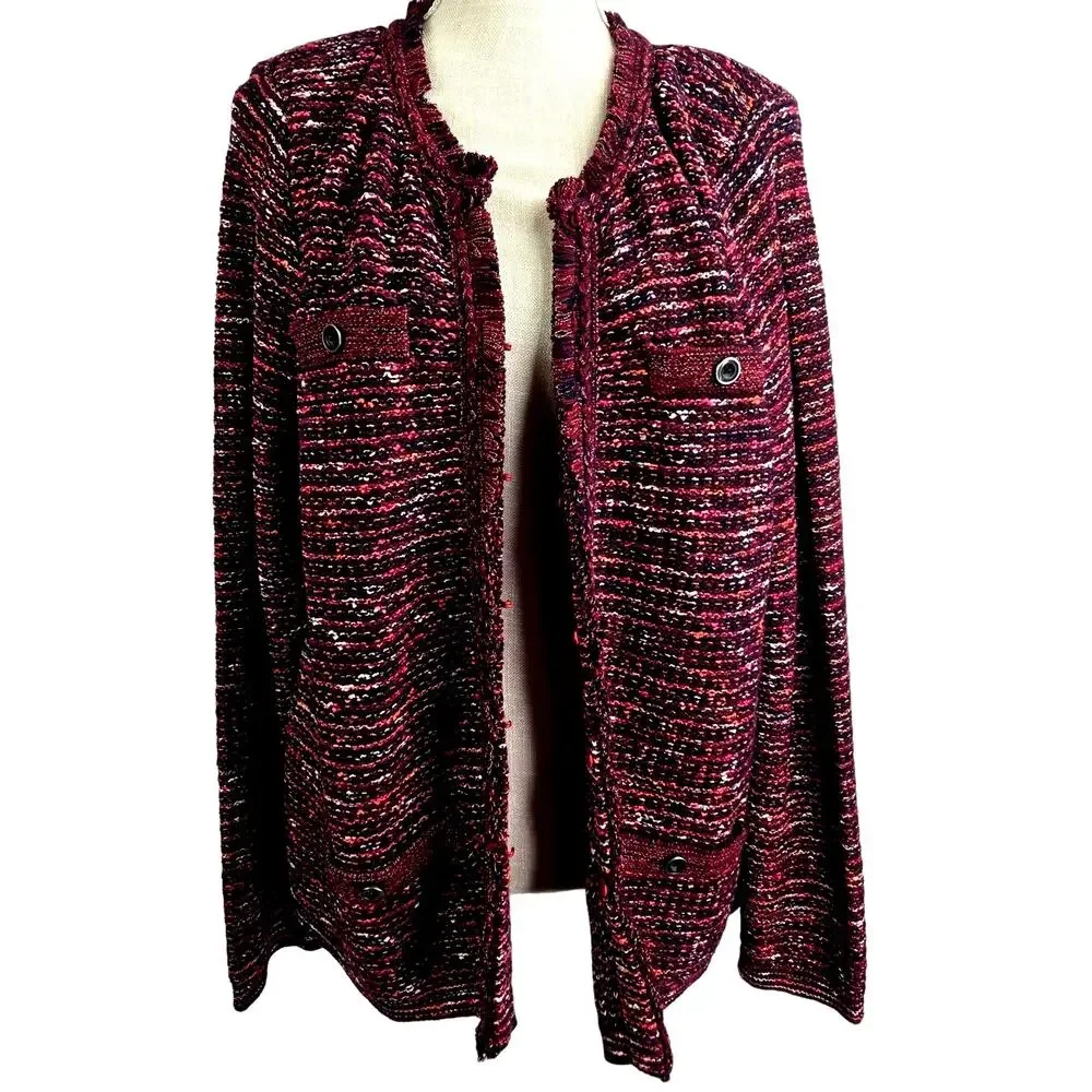J.Jill NWT Large Tweed Cardigan‎ Sweater Multicolor Cranberry Fringe Boho #778